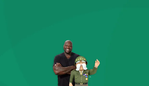 The General mascot standing with Shaquille O'Neal